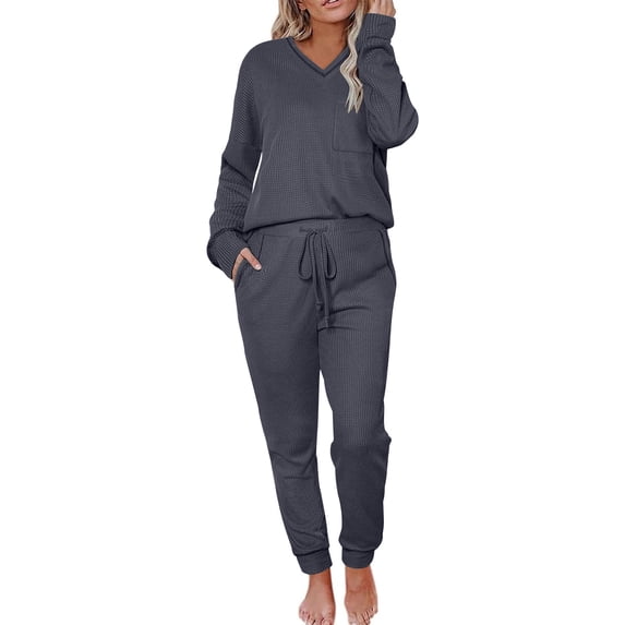 Oplxuo Fall 2 Piece Outfits for Women Pullover V Neck Long Sleeve Sweathirt with Jogger Sweatpants Lounge Tracksuit Sets