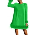 thumbnail image 1 of Oplxuo Feather Trim Long Sleeve Dressse for Women Loose Crewneck Zipper Back Birthday Party Tunic Mini Dresses, 1 of 5