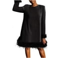thumbnail image 1 of Oplxuo Feather Trim Long Sleeve Dressse for Women Loose Crewneck Zipper Back Birthday Party Tunic Mini Dresses, 1 of 5