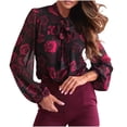thumbnail image 1 of Oplxuo Floral Shirts for Women Bow Tie Neck Sheer Lantern Long Sleeve Blouse Loose Dressy Casual Chiffon Business Tops, 1 of 6