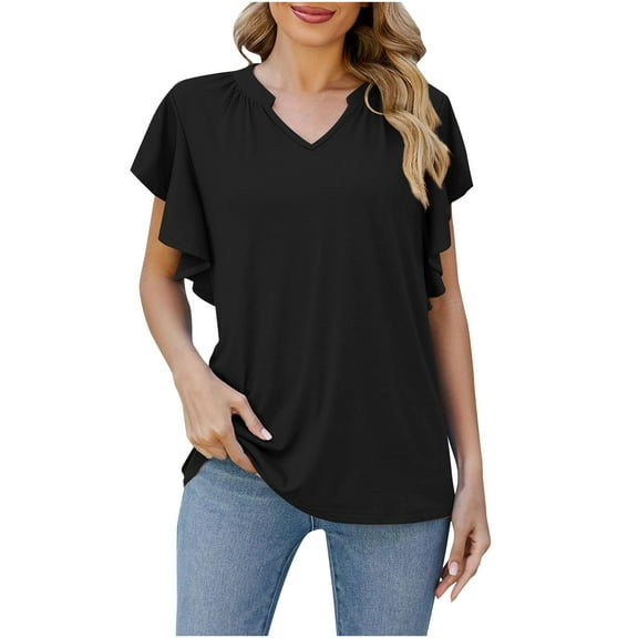 Oplxuo Flutter Sleeve Tops for Women Plus Size V Neck Dressy Summer Blouse Loose Versatile Business Casual Tunic Tee Shirts