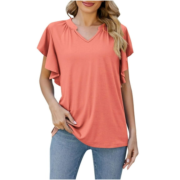 Oplxuo Flutter Sleeve Tops for Women Plus Size V Neck Dressy Summer Blouse Loose Versatile Business Casual Tunic Tee Shirts