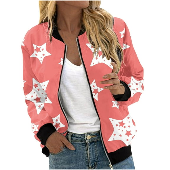 Oplxuo Full Zip Jacket for Women All Over Stars Printed Casual Long Sleeve Lightweight Windbreaker Coat Outerwear with Pockets