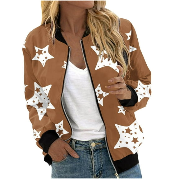 Oplxuo Full Zip Jacket for Women All Over Stars Printed Casual Long Sleeve Lightweight Windbreaker Coat Outerwear with Pockets