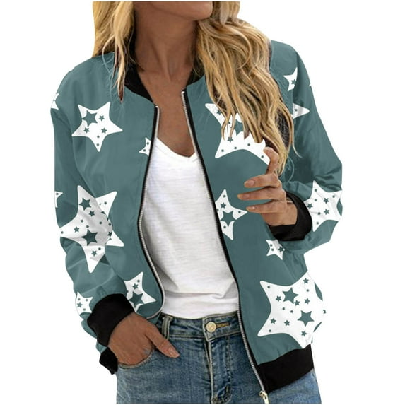Oplxuo Full Zip Jacket for Women All Over Stars Printed Casual Long Sleeve Lightweight Windbreaker Coat Outerwear with Pockets