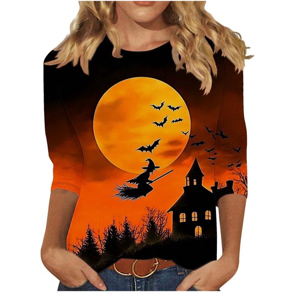 Oplxuo Funny Pumpkin Print Shirts for Women Halloween Spooky Skull Witch Graphic Tops 3/4 Length Sleeve Crew Neck Costumes