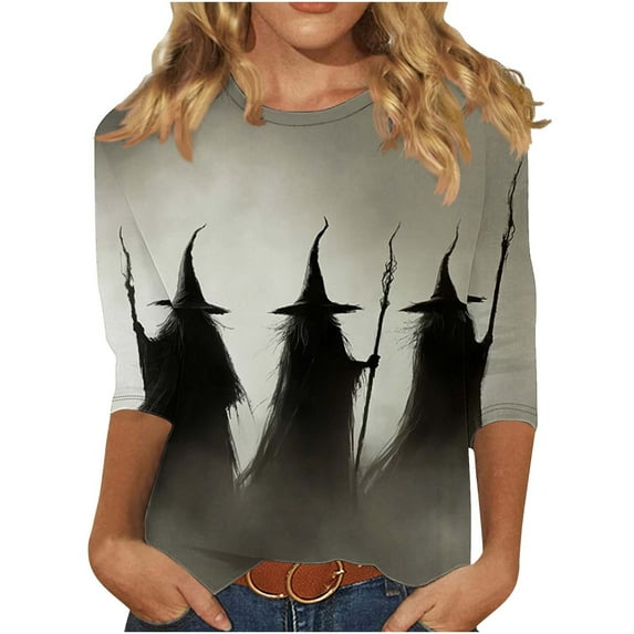 Oplxuo Funny Pumpkin Print Shirts for Women Halloween Spooky Skull Witch Graphic Tops 3/4 Length Sleeve Crew Neck Costumes