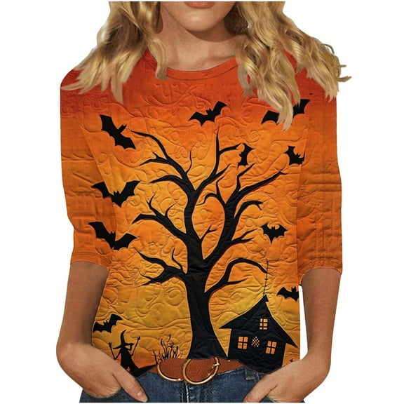 Oplxuo Funny Pumpkin Print Shirts for Women Halloween Spooky Skull Witch Graphic Tops 3/4 Length Sleeve Crew Neck Costumes