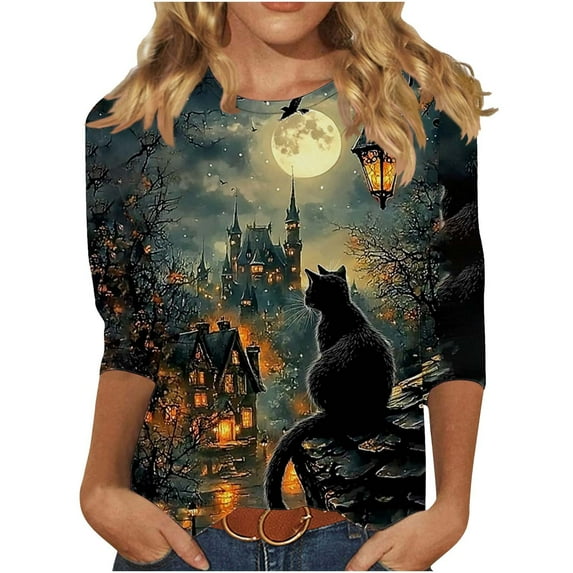 Oplxuo Funny Pumpkin Print Shirts for Women Halloween Spooky Skull Witch Graphic Tops 3/4 Length Sleeve Crew Neck Costumes