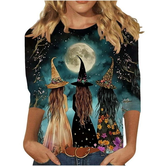 Oplxuo Funny Pumpkin Print Shirts for Women Halloween Spooky Skull Witch Graphic Tops 3/4 Length Sleeve Crew Neck Costumes