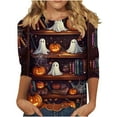 thumbnail image 1 of Oplxuo Funny Pumpkin Print Shirts for Women Halloween Spooky Skull Witch Graphic Tops 3/4 Length Sleeve Crew Neck Costumes, 1 of 4