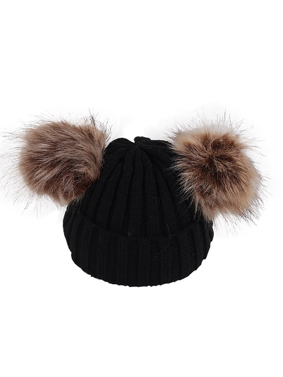 Girls Boys Beanie with Double Pom Pom, Cute Cable Knit Beanie Hats for Cold Weather, Winter Warm Hats for Kids