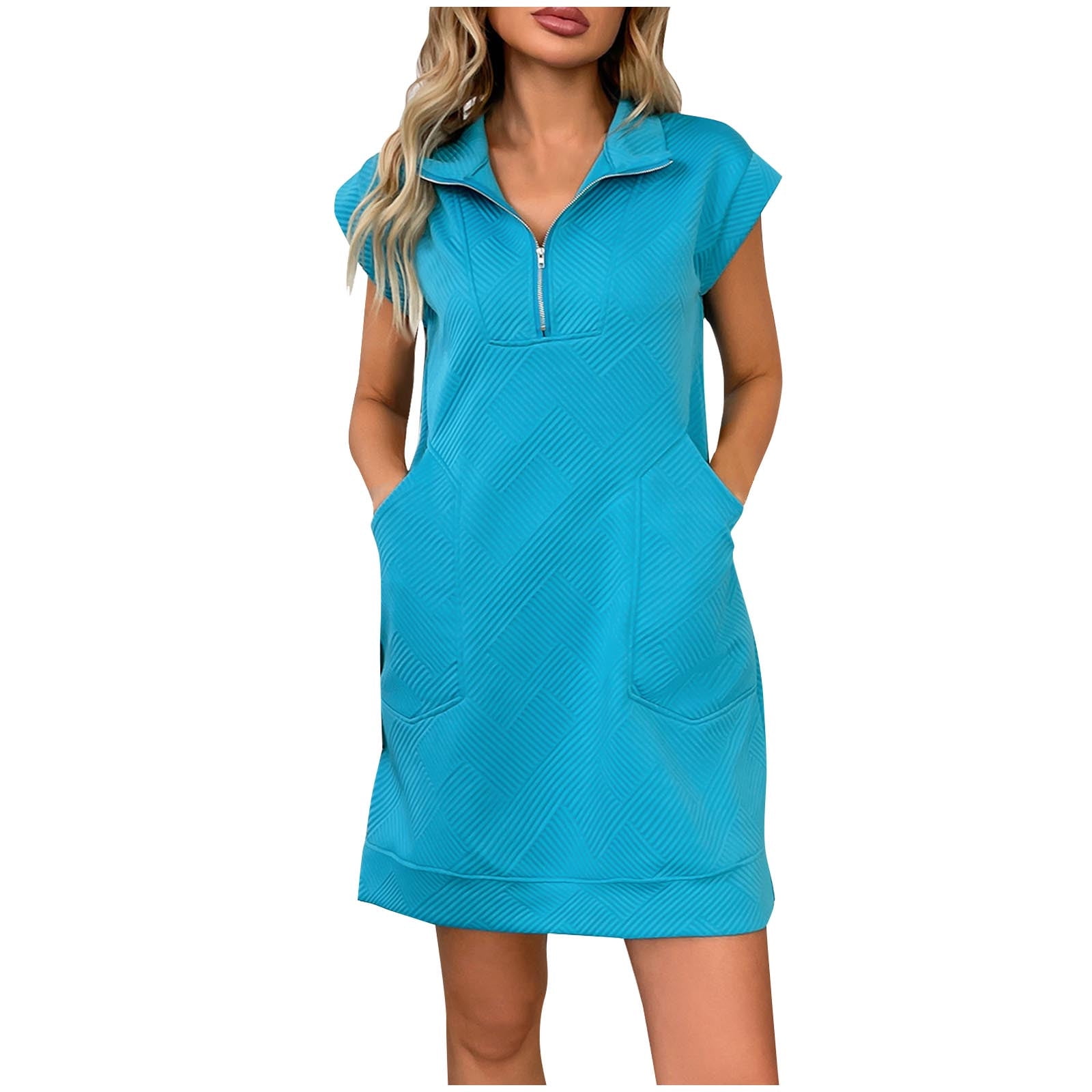 half shirt half dress Oplxuo Half Zipper T Shirt Dress for Women Loose Lapel Collar Cap Sleeve  Pullover Sweatshirt Mini Dress with Pockets