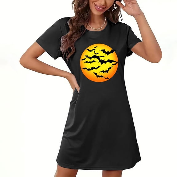 Oplxuo Halloween Bat Moon T Shirt Dress for Women Graphic Casual Short Sleeve Tunic Dress Fall Spooky Holiday Costume