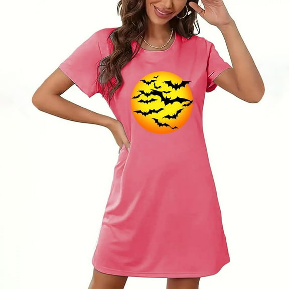 Oplxuo Halloween Bat Moon T Shirt Dress for Women Graphic Casual Short Sleeve Tunic Dress Fall Spooky Holiday Costume