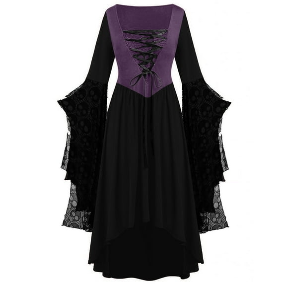 Oplxuo Halloween Costumes for Women Gothic Lace Splicing Butterfly Sleeve Fairy Dress Vintage Medieval Renaissance Clothes