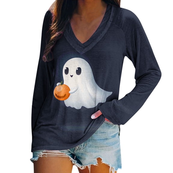 Oplxuo Halloween Costumes for Women Long Sleeve V-Neck Casual Shirts Loose Fit Basic Pullover Funny Holiday Tees