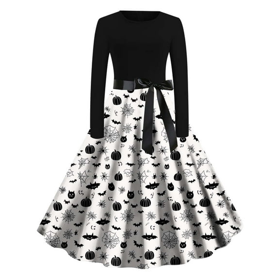 Oplxuo Halloween Dresses Womens 1950s Retro Vintage Cocktail Swing Dresses Crewneck Long Sleeve Elegant Holiday Party Dress