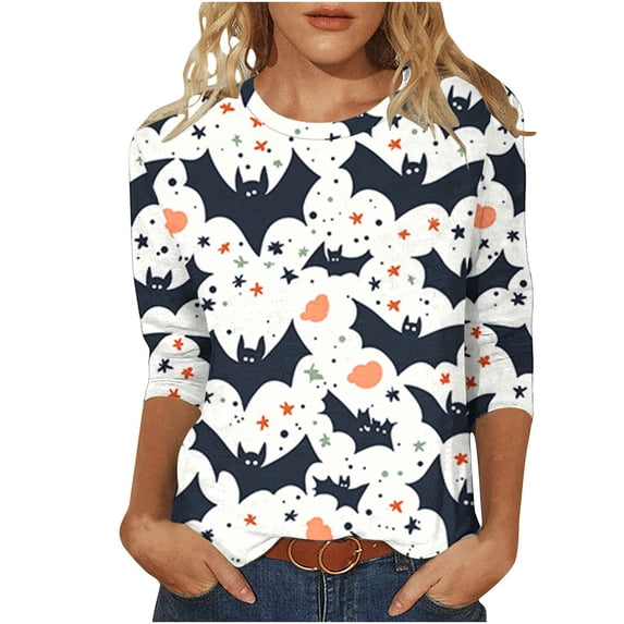 Oplxuo Halloween Shirts for Women Crew Neck 3/4 Sleeve Bat Pumpkin Graphics Print Tees Casual Loose Fit Plus Size Blouses
