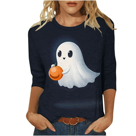 Oplxuo Halloween Shirts for Women Crew Neck 3/4 Sleeve Bat Pumpkin Graphics Print Tees Casual Loose Fit Plus Size Blouses