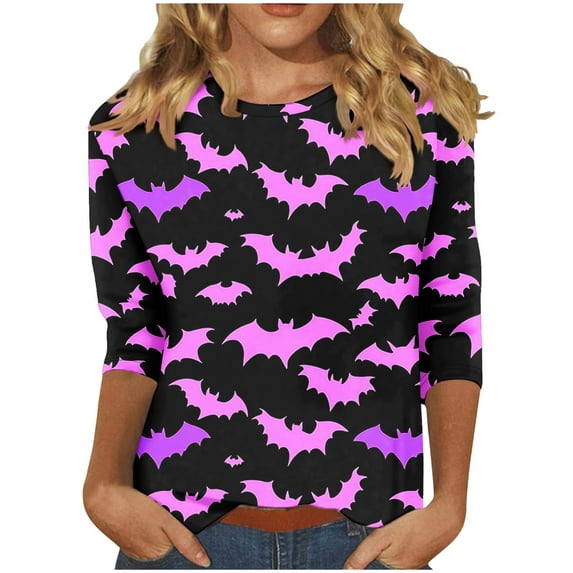 Oplxuo Halloween Shirts for Women Funny Cute Graphic Sweatshirts 3/4 Length Sleeve Tunic Tops Halloween Costume Gifts Blouse