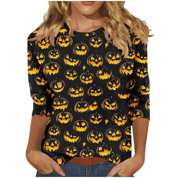 Oplxuo Halloween Shirts for Women Funny Cute Graphic Sweatshirts 3/4 Length Sleeve Tunic Tops Halloween Costume Gifts Blouse