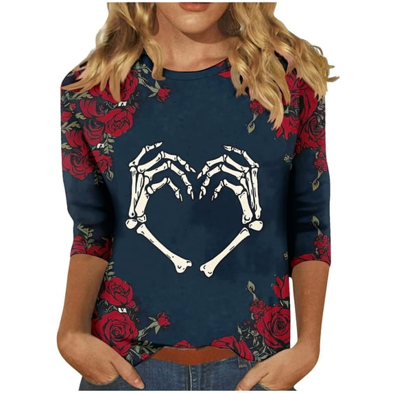 Oplxuo Halloween Shirts for Women Funny Cute Graphic Sweatshirts 3/4 Length Sleeve Tunic Tops Halloween Costume Gifts Blouse