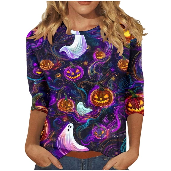 Oplxuo Halloween Shirts for Women Funny Cute Graphic Sweatshirts 3/4 Length Sleeve Tunic Tops Halloween Costume Gifts Blouse