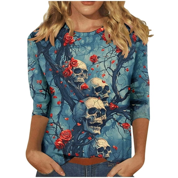 Oplxuo Halloween Shirts for Women Funny Cute Graphic Sweatshirts 3/4 Length Sleeve Tunic Tops Halloween Costume Gifts Blouse