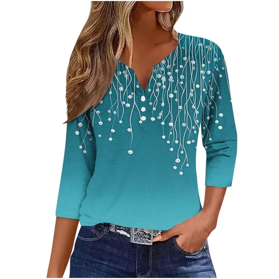 Oplxuo Henley Shirts for Women 3/4 Sleeve Tunic Tops V Neck Button Shirt Dressy Cute Print Tshirt Basic Cotton Ladies Blouse