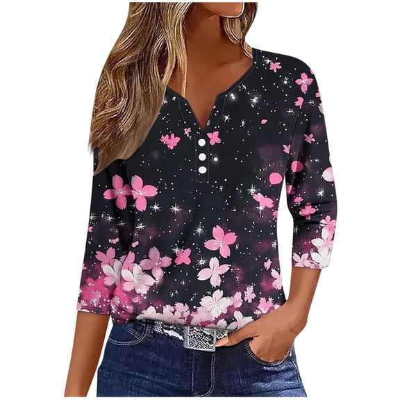 Oplxuo Henley Shirts for Women 3/4 Sleeve Tunic Tops V Neck Button Shirt Dressy Cute Print Tshirt Basic Cotton Ladies Blouse