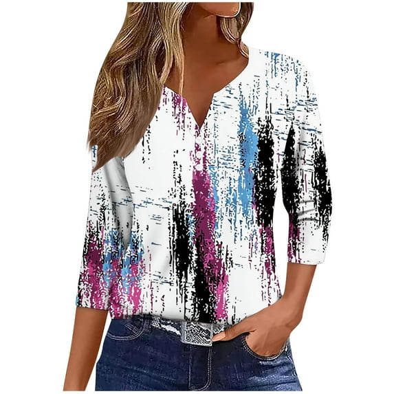 Oplxuo Henley Shirts for Women 3/4 Sleeve Tunic Tops V Neck Button Shirt Dressy Cute Print Tshirt Basic Cotton Ladies Blouse