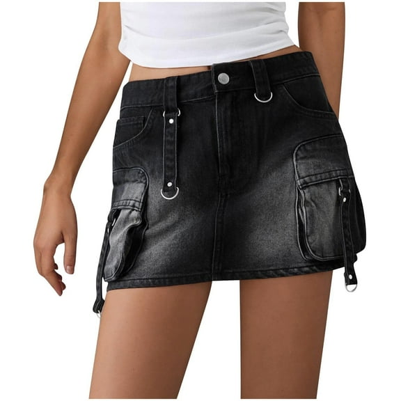 Oplxuo High Stretchy Cargo Skirt for Women, Low Waist Y2k Mini Skirt Cute Denim Skirt with Pockets