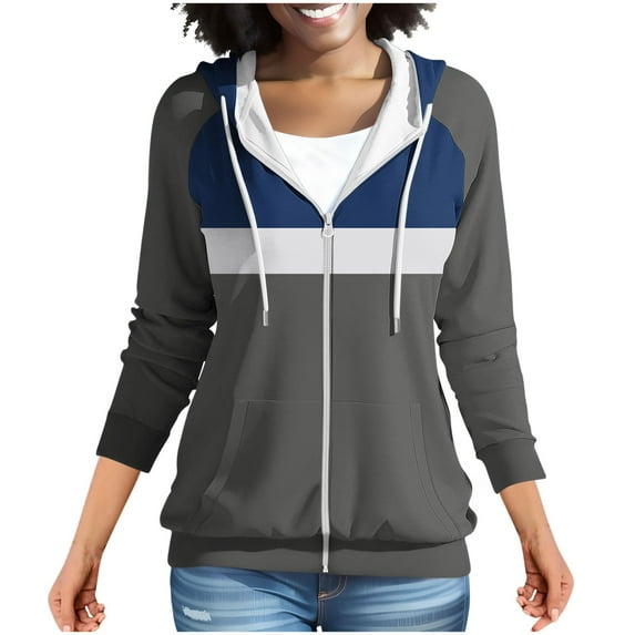 Oplxuo Hoodies for Women Color Block Hooded Sweatshirt Basic Zip-Up Jersey Jacket Long Sleeve Top with Pockets Plus Size