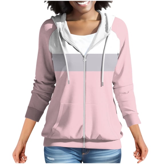 Oplxuo Hoodies for Women Color Block Hooded Sweatshirt Basic Zip-Up Jersey Jacket Long Sleeve Top with Pockets Plus Size