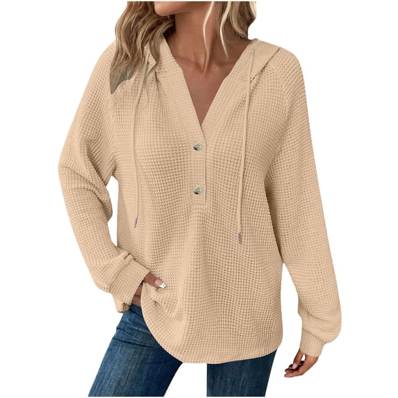 Oplxuo Hoodies for Women Waffle Knit Long Sleeve Drawstring Button V Neck Casual Pullover Sweatshirt Hooded Tops