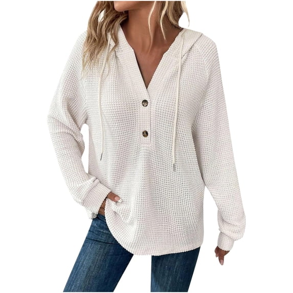 Oplxuo Hoodies for Women Waffle Knit Long Sleeve Drawstring Button V Neck Casual Pullover Sweatshirt Hooded Tops