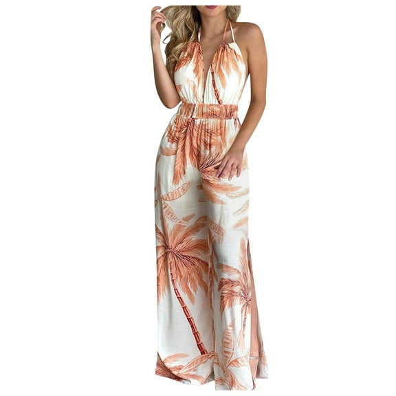 Oplxuo Jumpsuits for Women Summer Sleeveless Vneck Elegant Backless Floral Print Wide Leg Jumpsuit Y2K Wrap Criss Cross One Piece