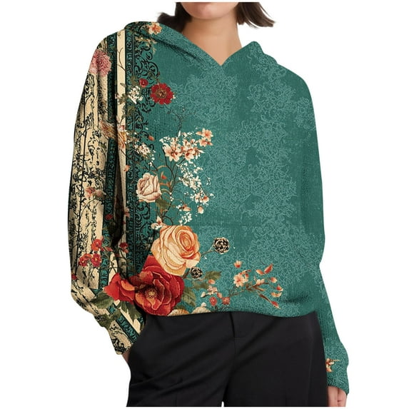 Oplxuo Knit Hoodies for Women 2025 Fall Vintage Ethnic Graphic Pullover Loose Sweatshit Long Sleeve Casual Hooded Sweater Tops