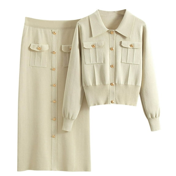 Oplxuo Knitted Business Outfits for Women Elegant Collared Button Up Cardigan Sweater and Midi Skirt Dressy 2 Piece Sets