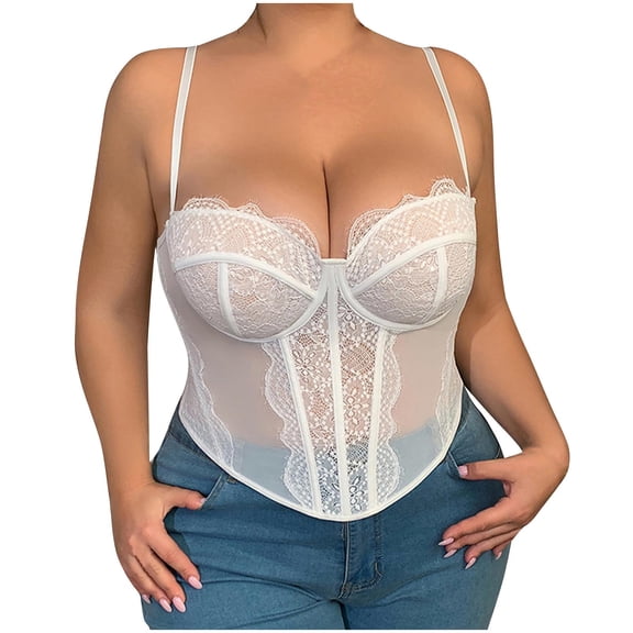 Oplxuo Lace Corset Tops for Women Sexy Going Out Bustier Top Sleeveless Adjustable Straps Crop Tops with Back Hooks