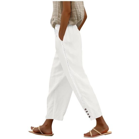 Oplxuo Lace Patchwork Linen Pants for Women Lightweight Summer Straight Leg Loose Elastic Waist Lounge Trousers with Pockets