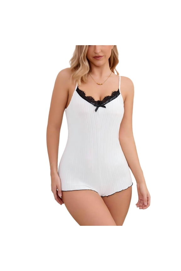 Lace Trim One Piece Sleepwear for Women Spaghetti Strap Sexy Backless Cami Romper Pajamas Loungewear Nightwear