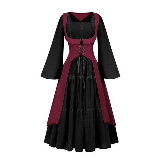 Oplxuo Lace Trim Renaissance Dress for Women Vintage Bell Sleeve Medieval Steampunk Gothic Cosplay Dress Halloween Costume
