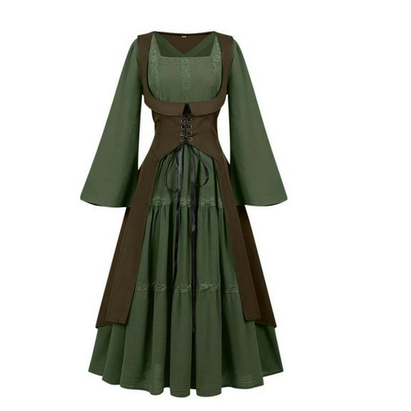 Oplxuo Lace Trim Renaissance Dress for Women Vintage Bell Sleeve Medieval Steampunk Gothic Cosplay Dress Halloween Costume