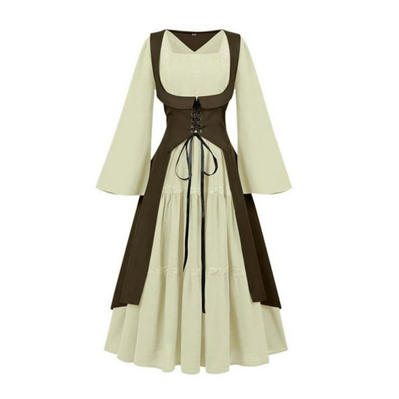 Oplxuo Lace Trim Renaissance Dress for Women Vintage Bell Sleeve Medieval Steampunk Gothic Cosplay Dress Halloween Costume