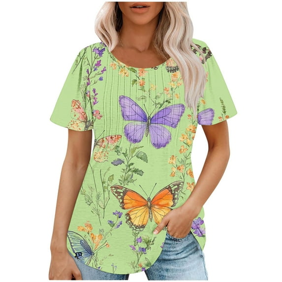 Oplxuo Ladies Trendy Short Sleeve T Shirts for Women Butterfly Printed Crewneck Summer Blouse Dressy Casual Pleated Tunic Tops