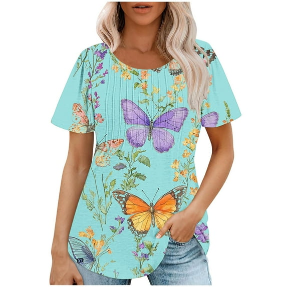 Oplxuo Ladies Trendy Short Sleeve T Shirts for Women Butterfly Printed Crewneck Summer Blouse Dressy Casual Pleated Tunic Tops