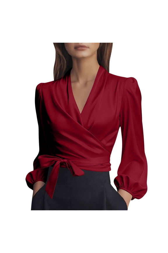 Lantern Sleeve Satin Shirts for Women V Neck Wrap Tie Side Business Casual Tops Dressy Going Out Tunic Blouse
