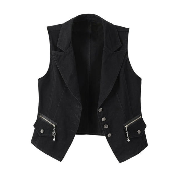 Oplxuo Lapel Denim Vest for Women Button Up Waistcoat Jean Jacket